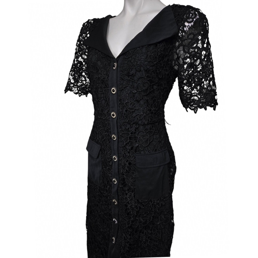 Nanette Lepore Dress M Black crochet Button Sheath fall Audrey Hepburn style - Picture 4 of 6